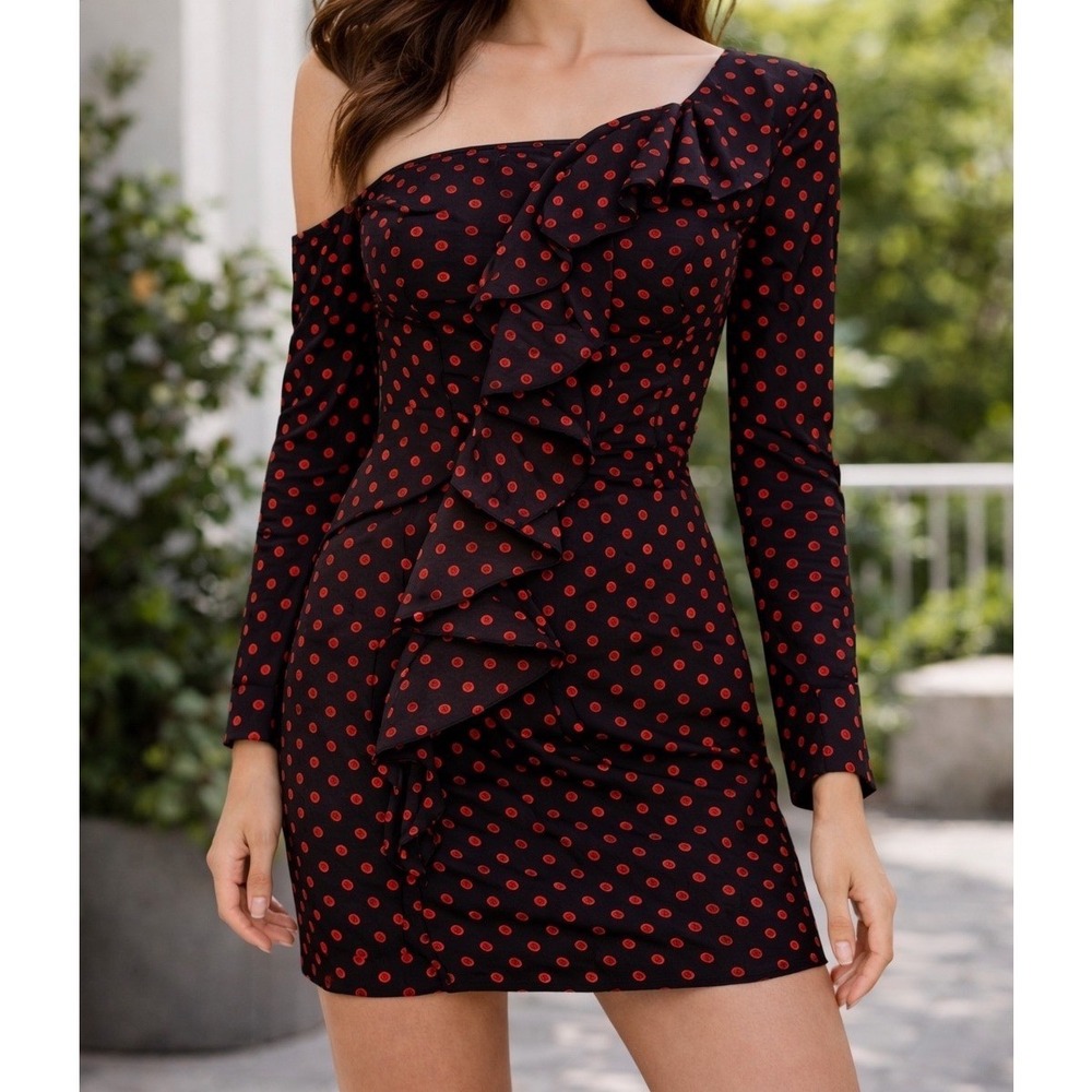 Red Polka Dot One Shoulder Ruffle Mini Dress Small (Fits XS) Club Night Out